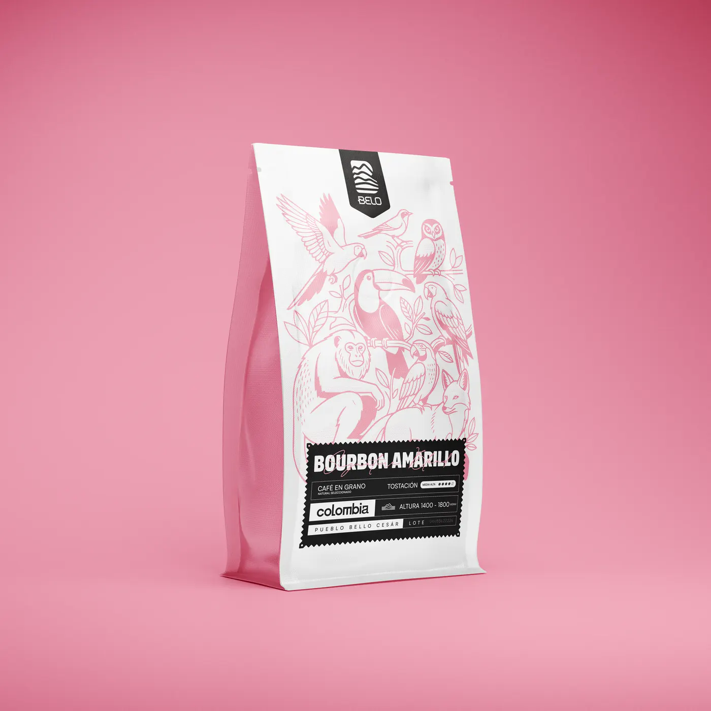 Bolsa rosa de café Belo Bourbon Amarillo, de frente