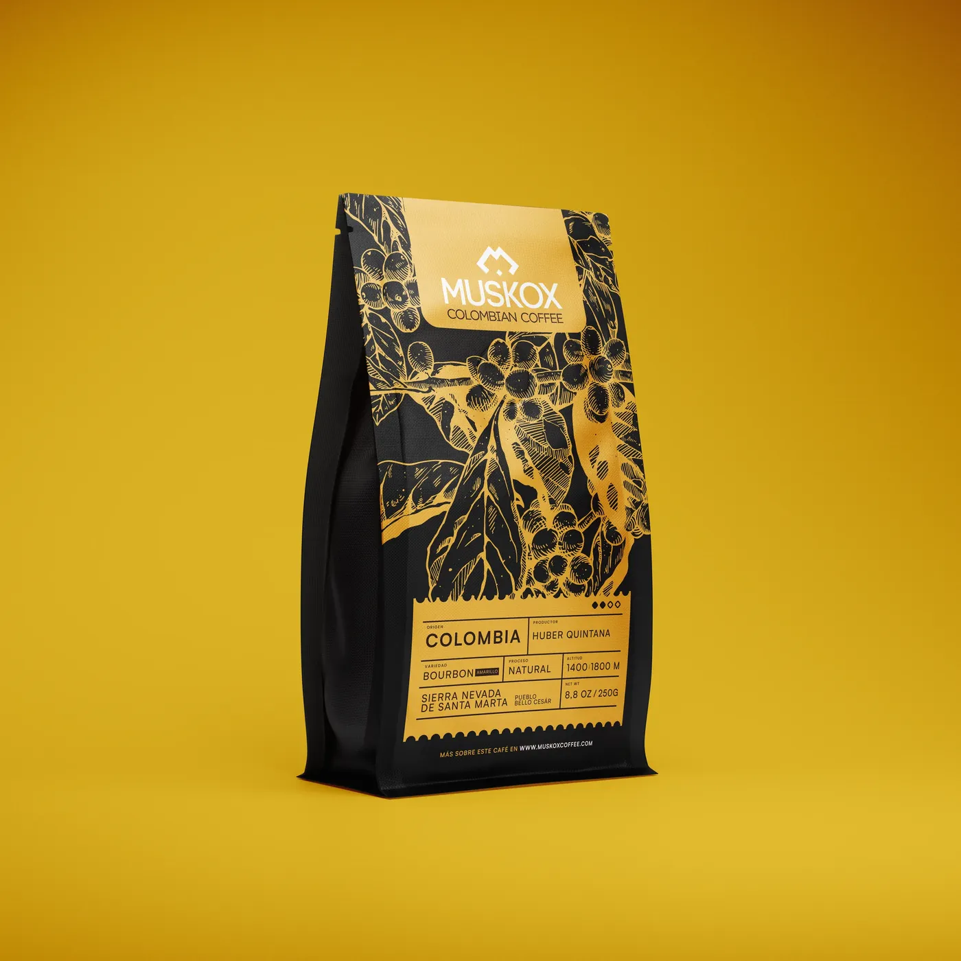 Bolsa negra de la línea Muskox de Belo, sobre amarillo