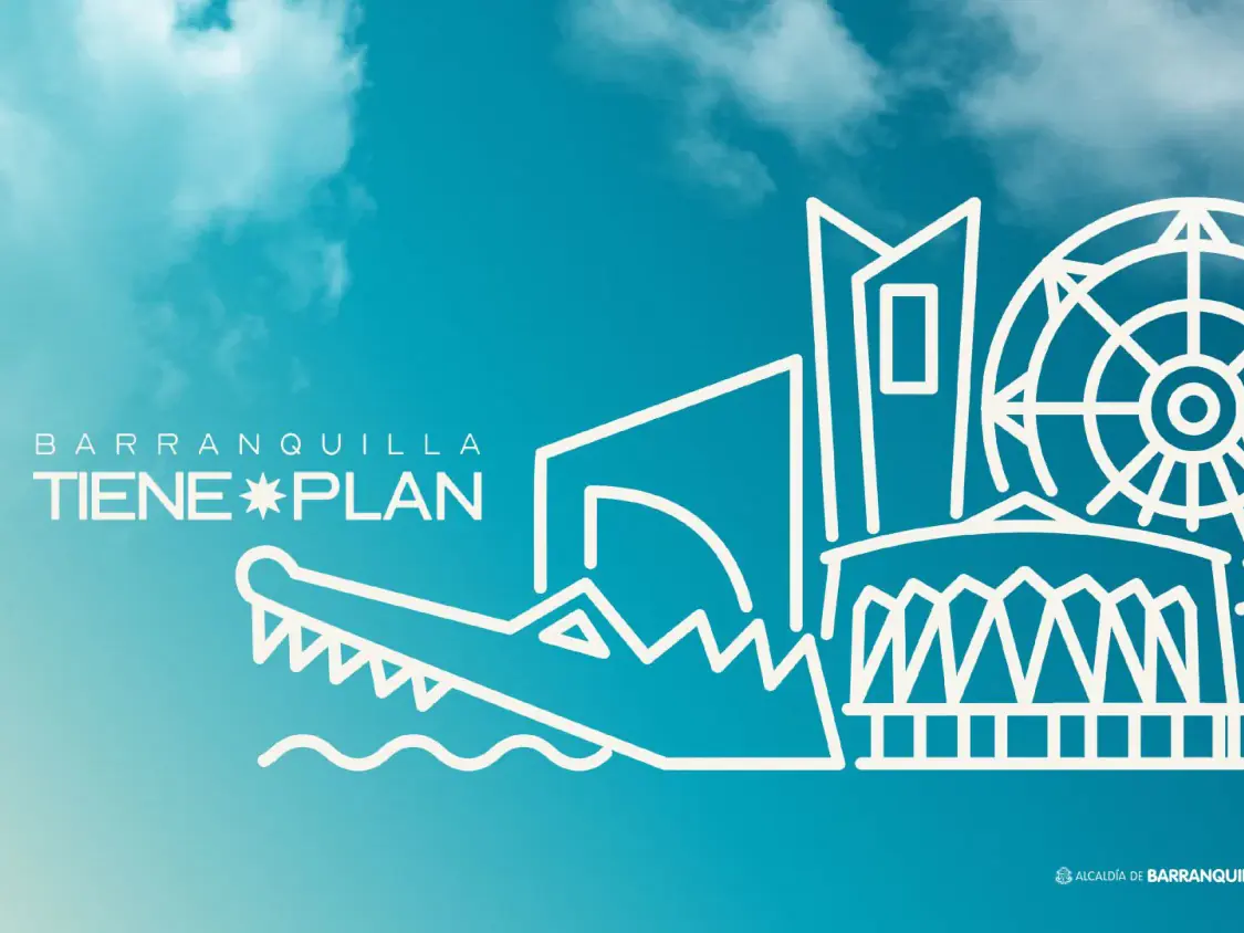 Logotipo de Barranquilla Tiene Plan: dibujo de línea blanca con una noria, edificios, un caimán y olas sobre cielo azul