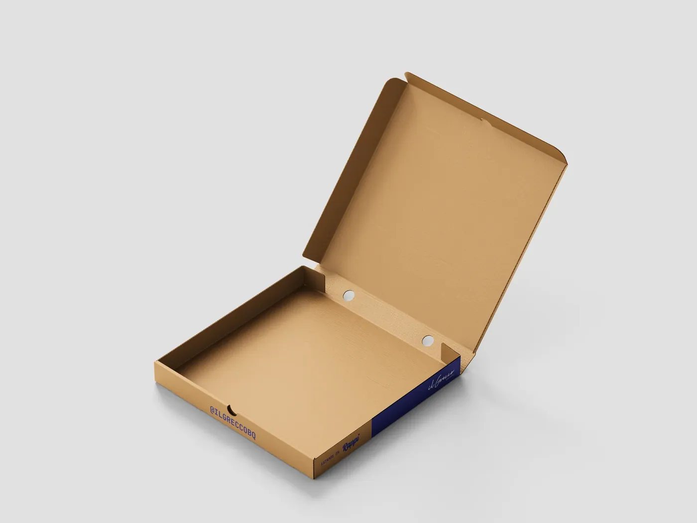 Caja de pizza de Il Grecco abierta, kraft por dentro