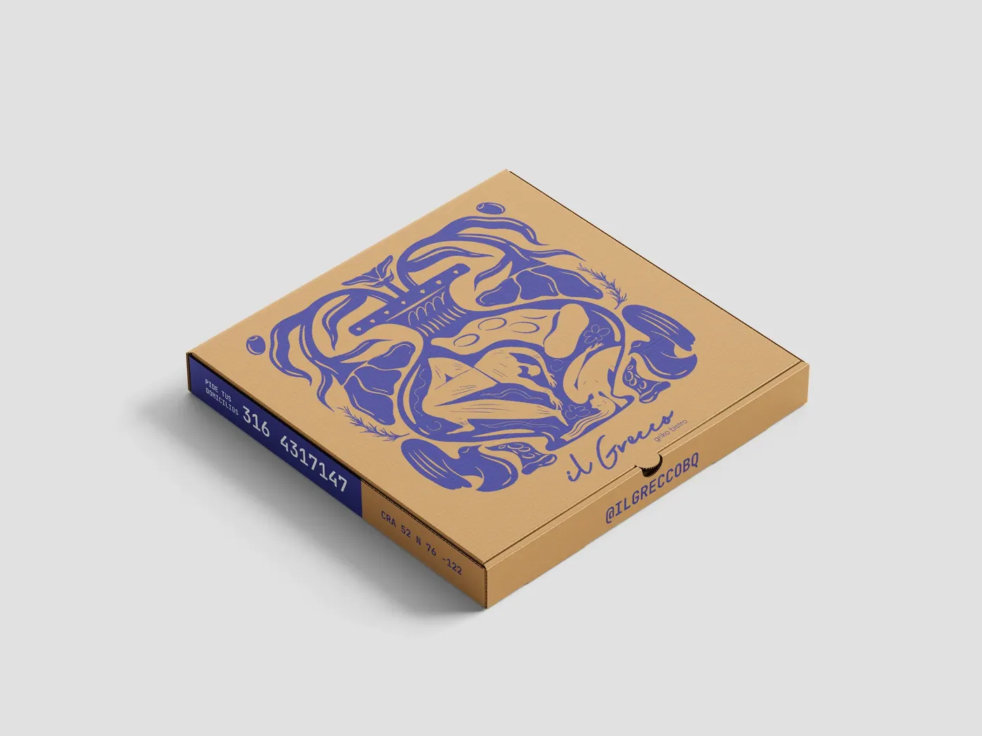 Caja de pizza de Il Grecco cerrada: kraft con una ilustración continua en azul profundo