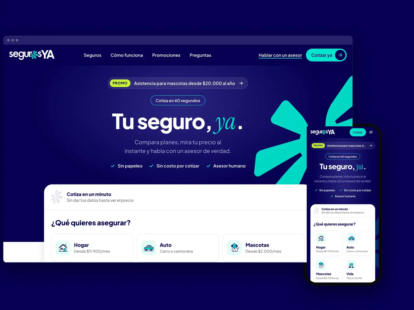 El sitio de SegurosYa en portátil y celular sobre índigo