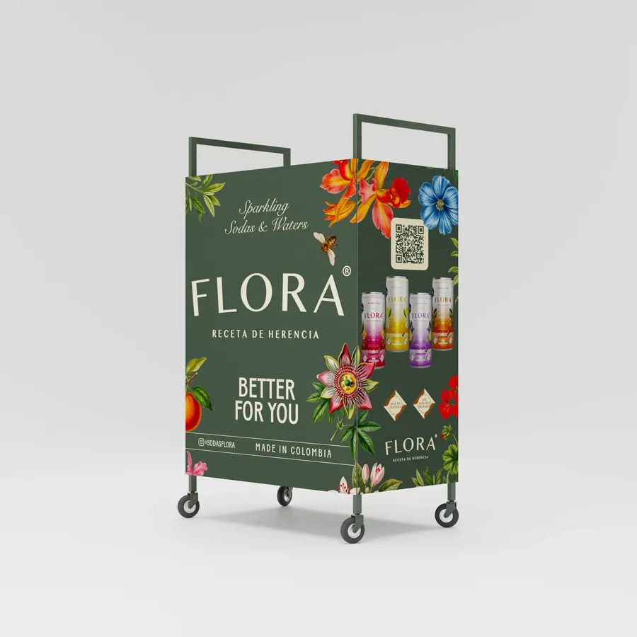 Exhibidor rodante de Flora en verde botánico con flores ilustradas, «Better for you» y latas a la vista