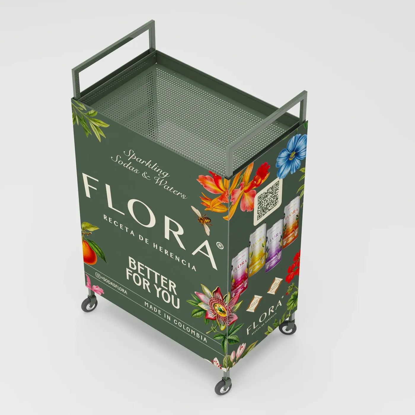 Exhibidor de Flora en vista de tres cuartos, con el logotipo y el código QR