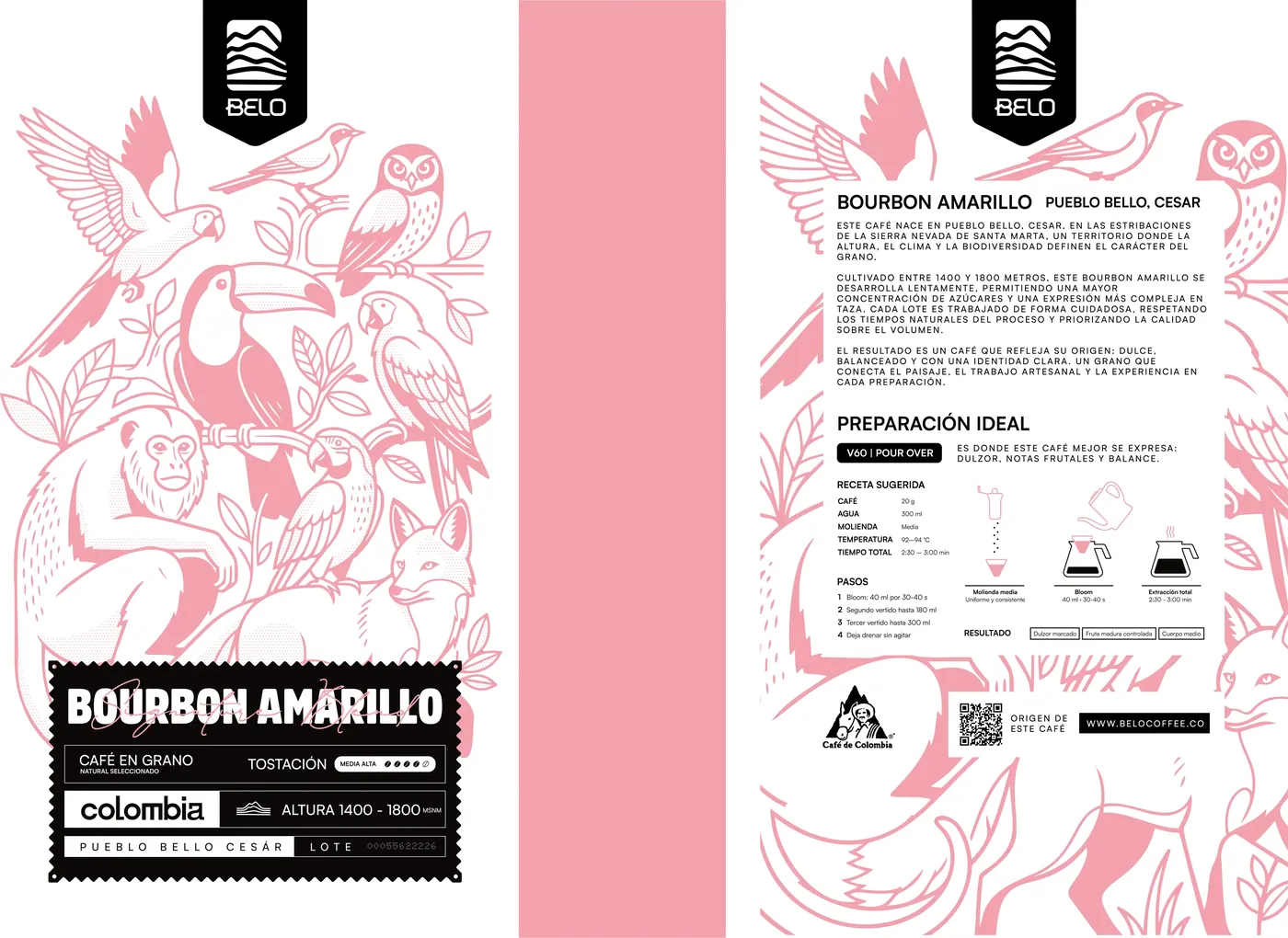 Etiqueta extendida del café Belo Bourbon Amarillo con ilustraciones rosas