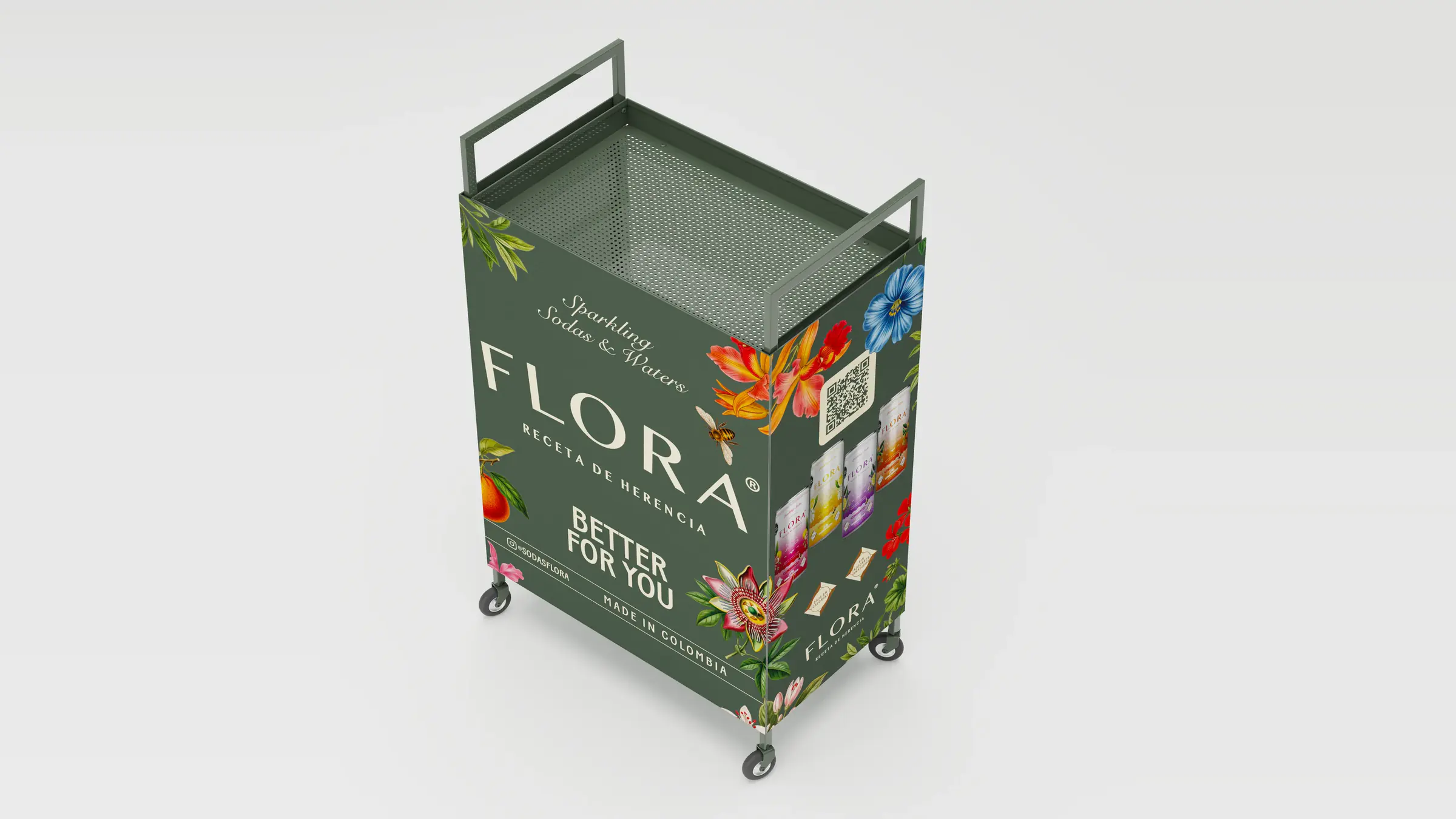 Exhibidor rodante de Flora en vista de tres cuartos, con el logotipo y el código QR