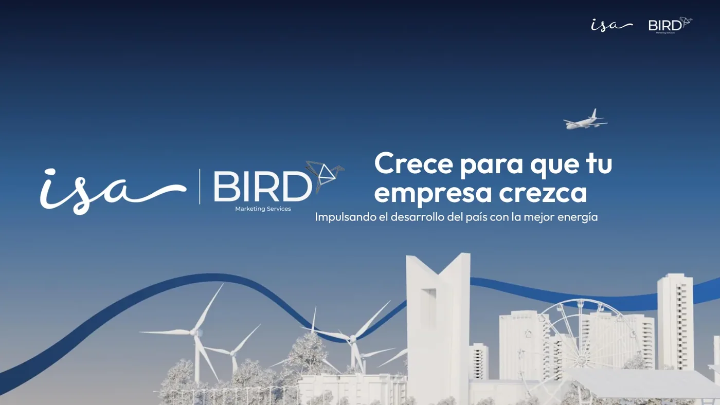 Portada de campaña: logotipos de ISA y BIRD, la línea «Crece para que tu empresa crezca» y una ciudad dibujada en blanco con aerogeneradores