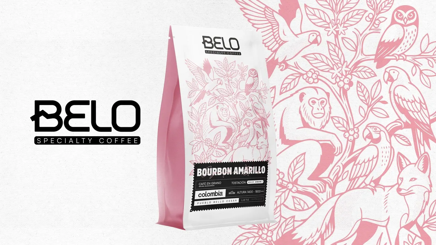 Logotipo de Belo Specialty Coffee, bolsa de café y patrón ilustrado rosa