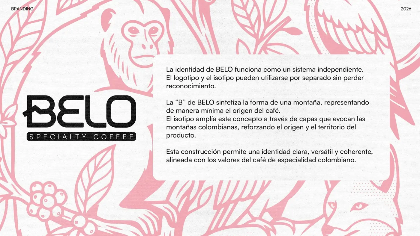 Lámina de identidad: el logotipo de Belo y la explicación de la «B» como montaña, sobre la ilustración rosa