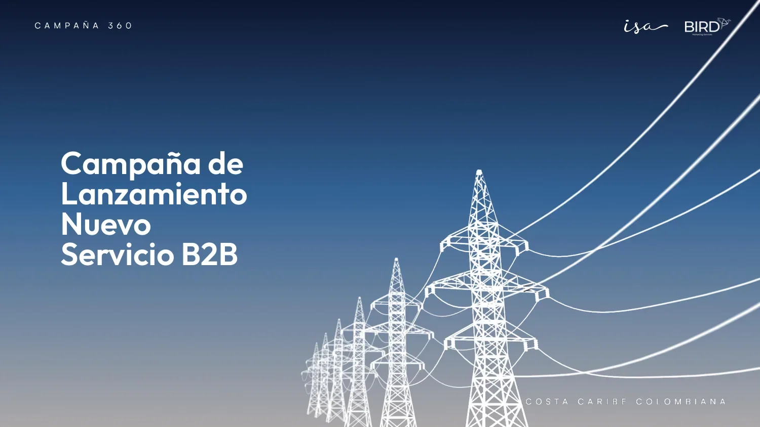 Lámina «Campaña de lanzamiento nuevo servicio B2B» con torres de alta tensión dibujadas en línea blanca sobre azul