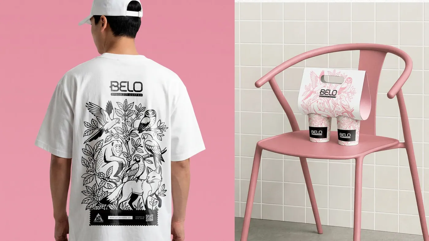 Merchandising de Belo: camiseta ilustrada y bolsa de tela sobre una silla rosa
