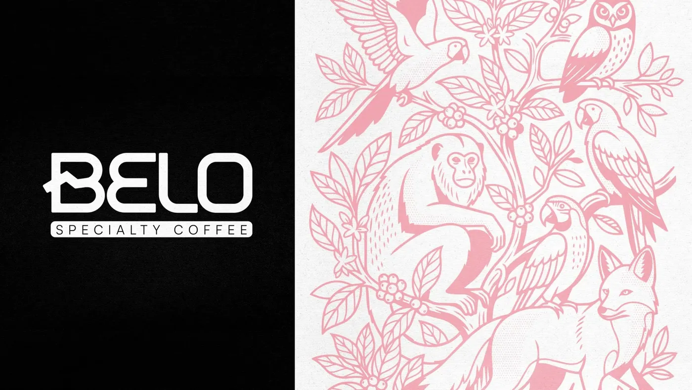 Logotipo de Belo sobre negro junto a la ilustración rosa de selva