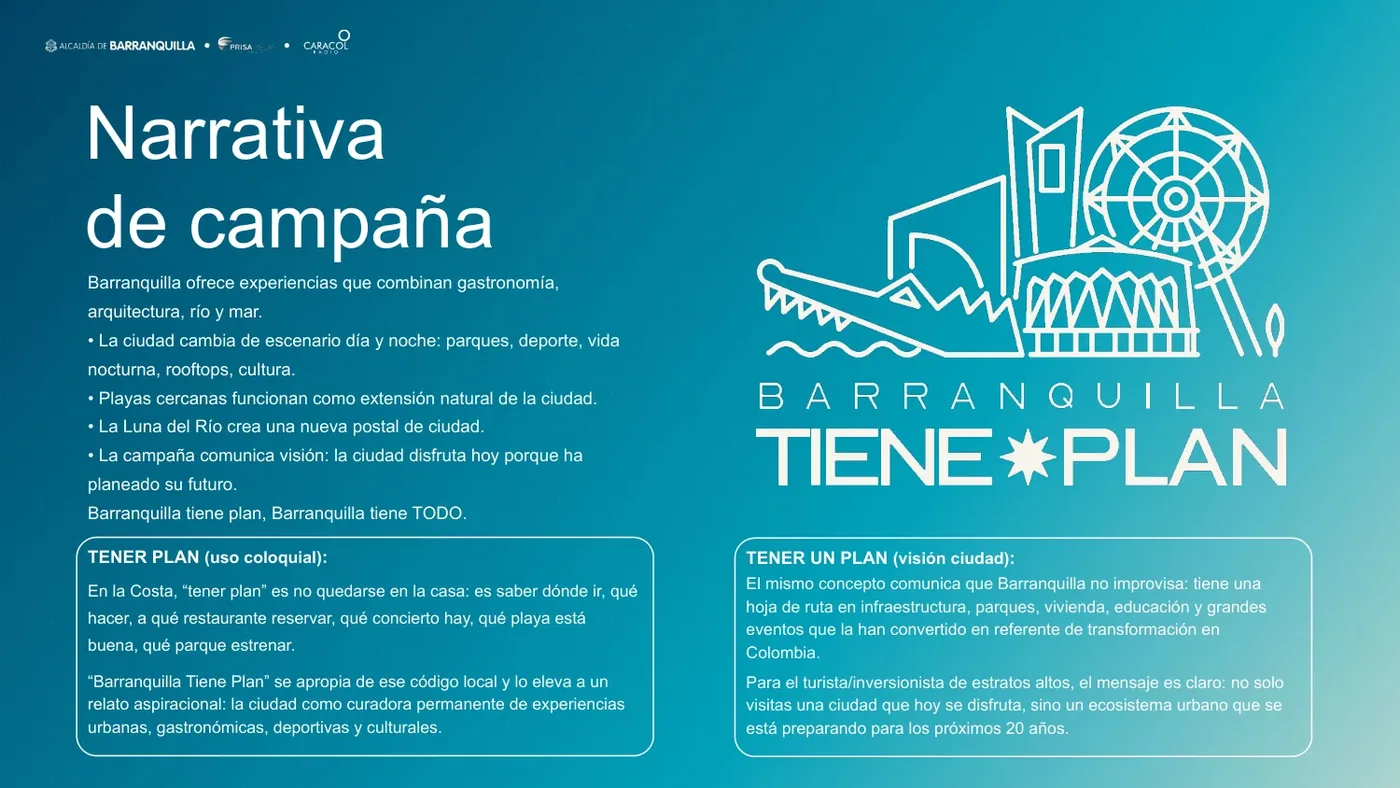 Lámina «Narrativa de campaña» con el logotipo de línea de Barranquilla Tiene Plan