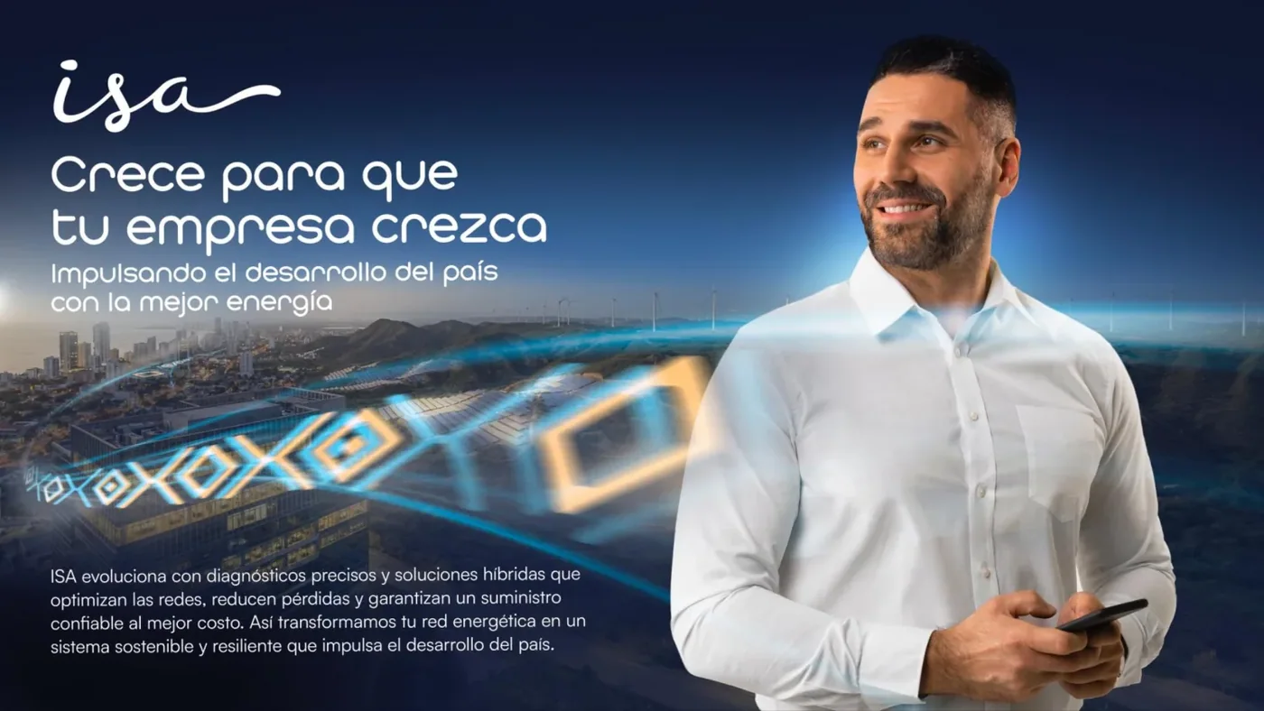 Pieza de campaña: un empresario sonriente con un celular junto a la línea «Crece para que tu empresa crezca»