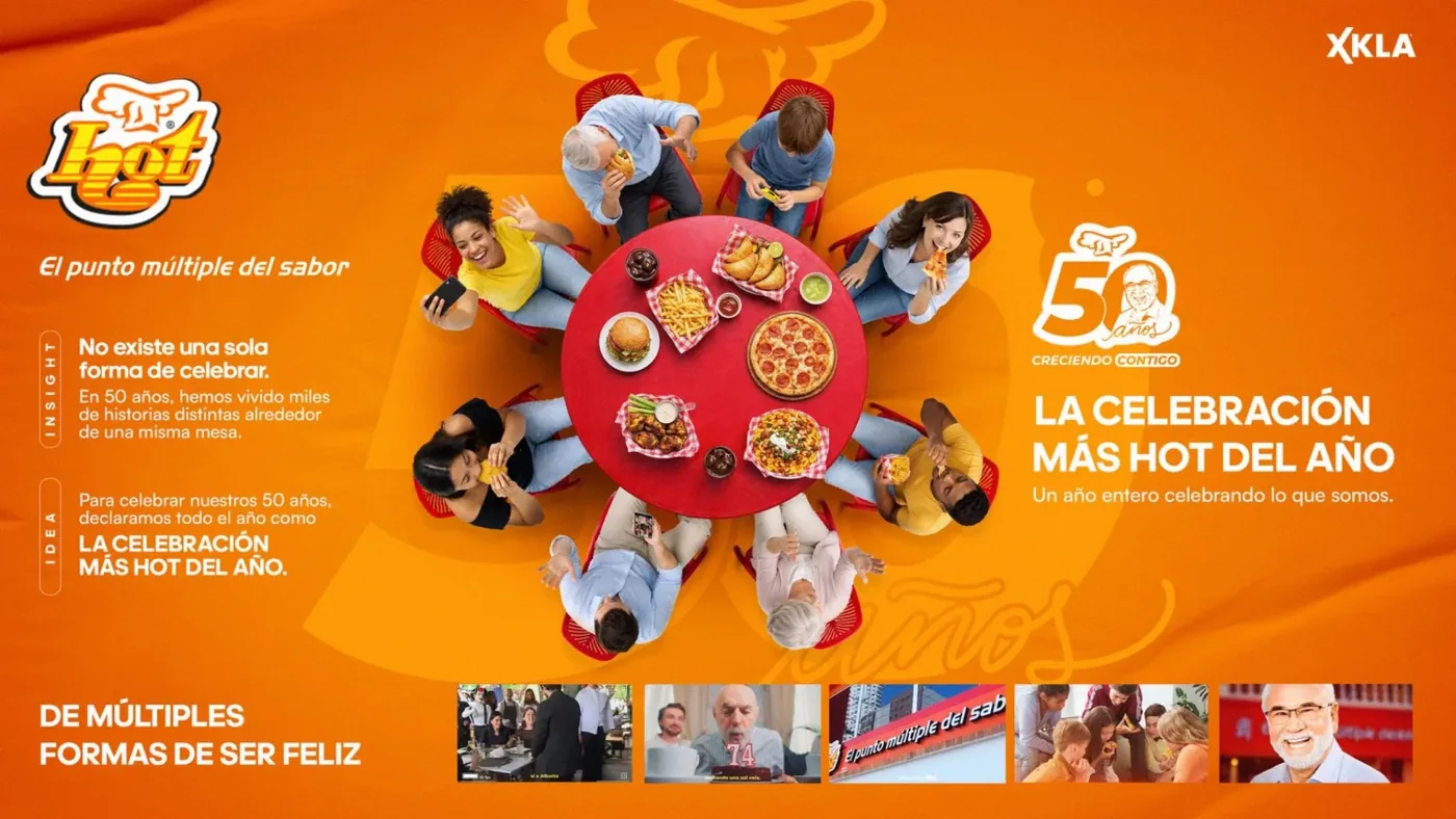 Mesa roja vista desde arriba con personas compartiendo comida y el insight «No existe una sola forma de celebrar»