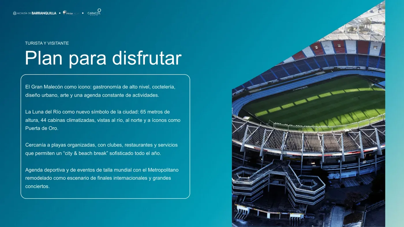 Lámina «Plan para disfrutar», dirigida a turistas y visitantes, con un estadio visto desde el aire