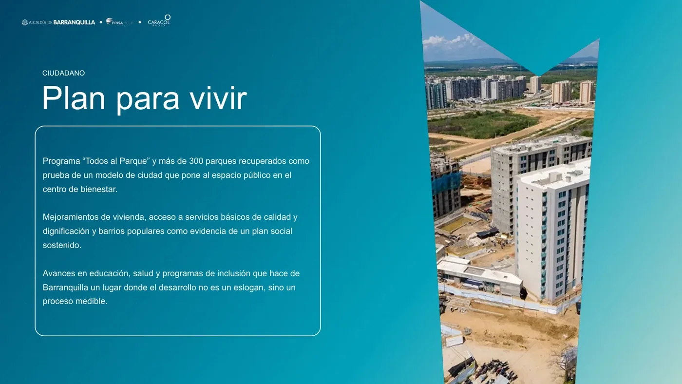 Lámina «Plan para vivir», dirigida a ciudadanos, con edificios de vivienda en construcción