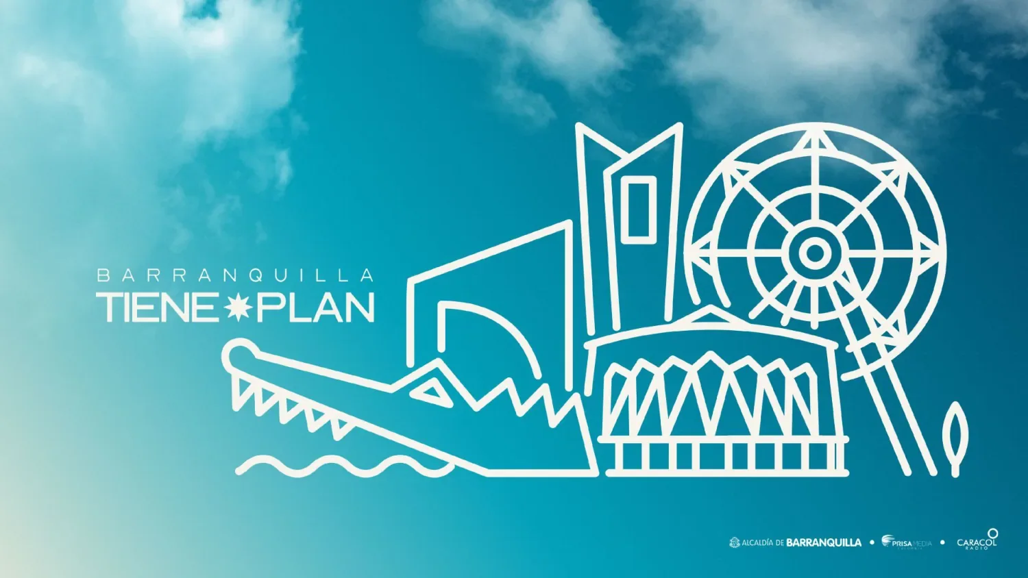 Logotipo de Barranquilla Tiene Plan: dibujo de línea blanca con una noria, edificios, un caimán y olas sobre cielo azul