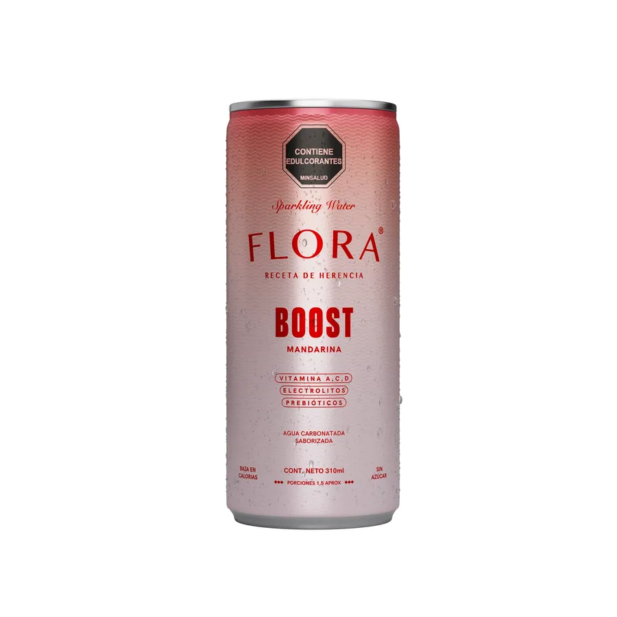Lata rosa de Flora Boost Mandarina, de frente: vitaminas A, C y D, electrolitos y prebióticos