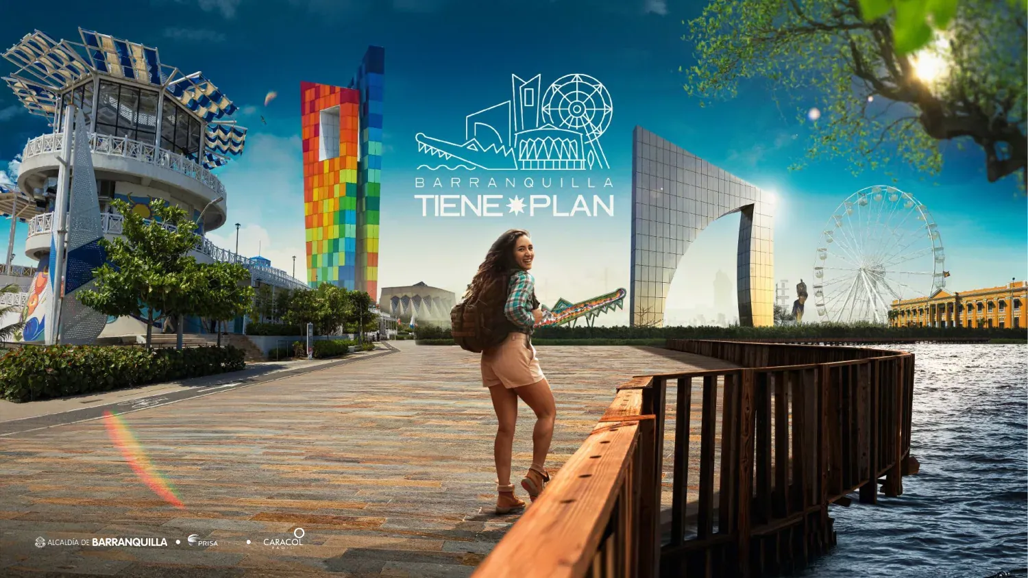 Pieza de campaña: una viajera en el malecón, con monumentos de la ciudad y la noria al fondo