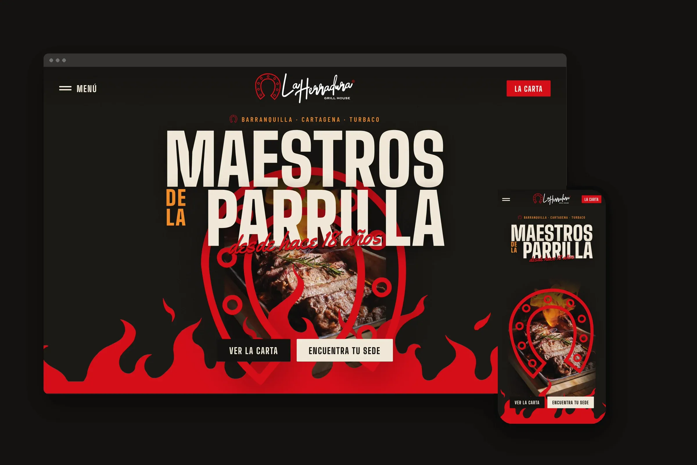 El sitio de La Herradura en portátil y celular sobre carbón