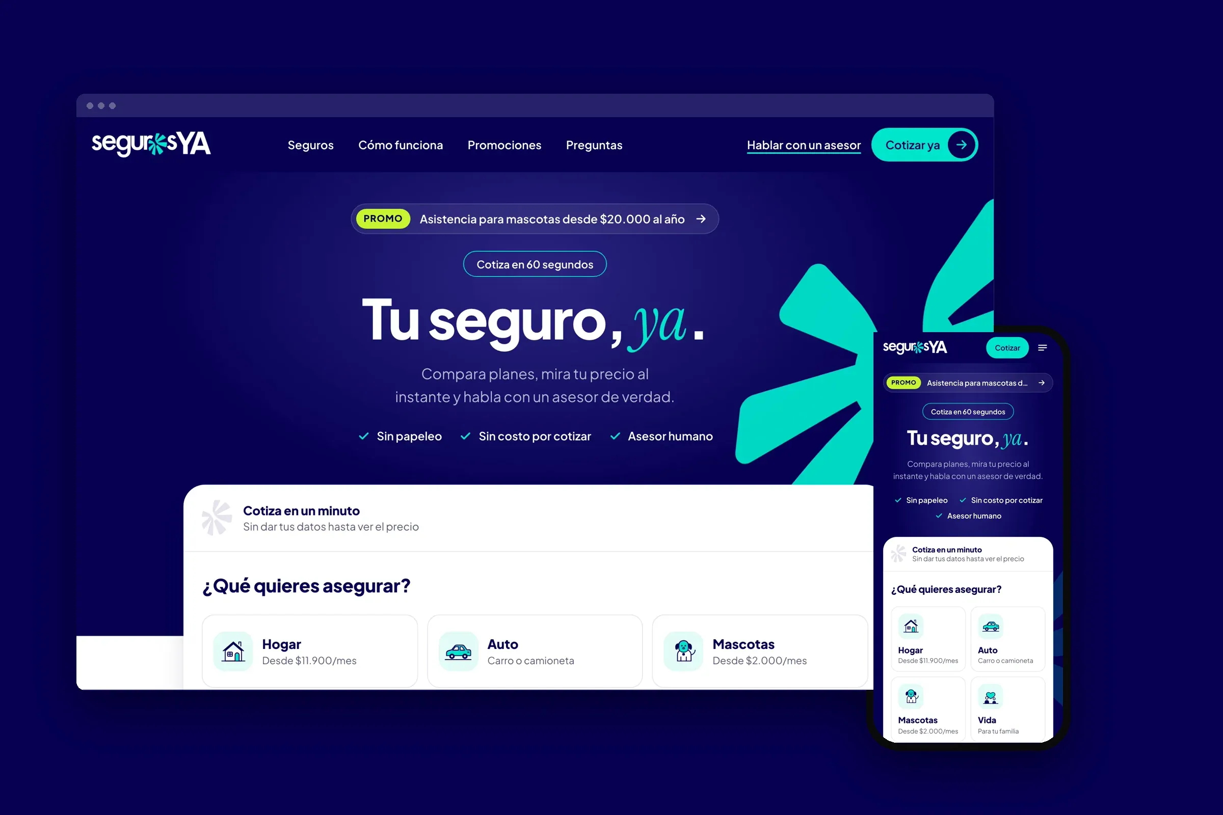 El sitio de SegurosYa en portátil y celular sobre índigo