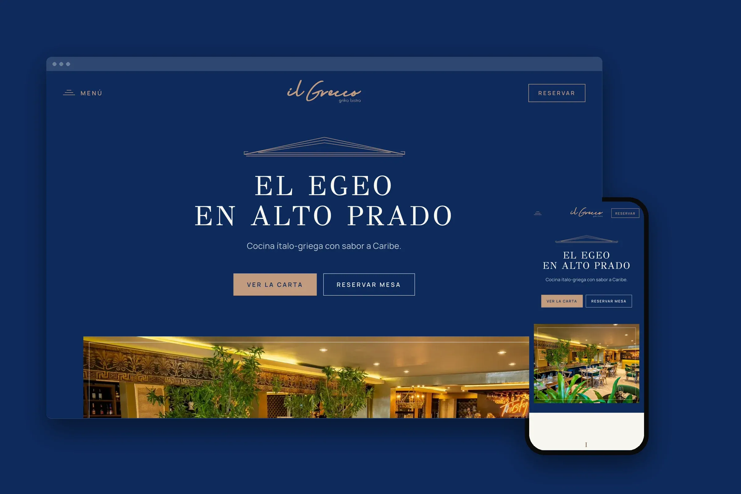 El sitio de Il Grecco en portátil y celular sobre azul Egeo