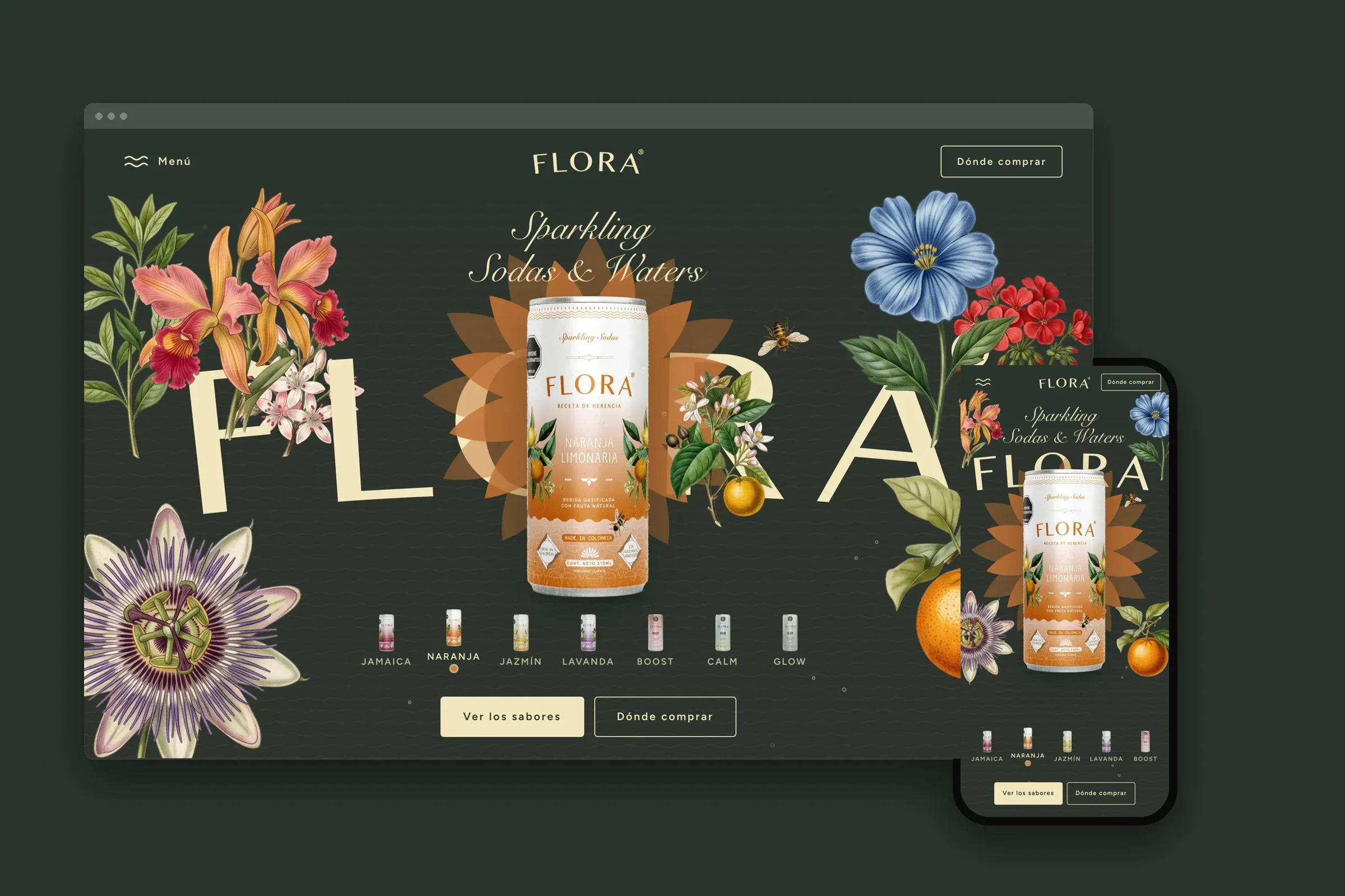 El sitio de Flora en portátil y celular sobre fondo verde oscuro