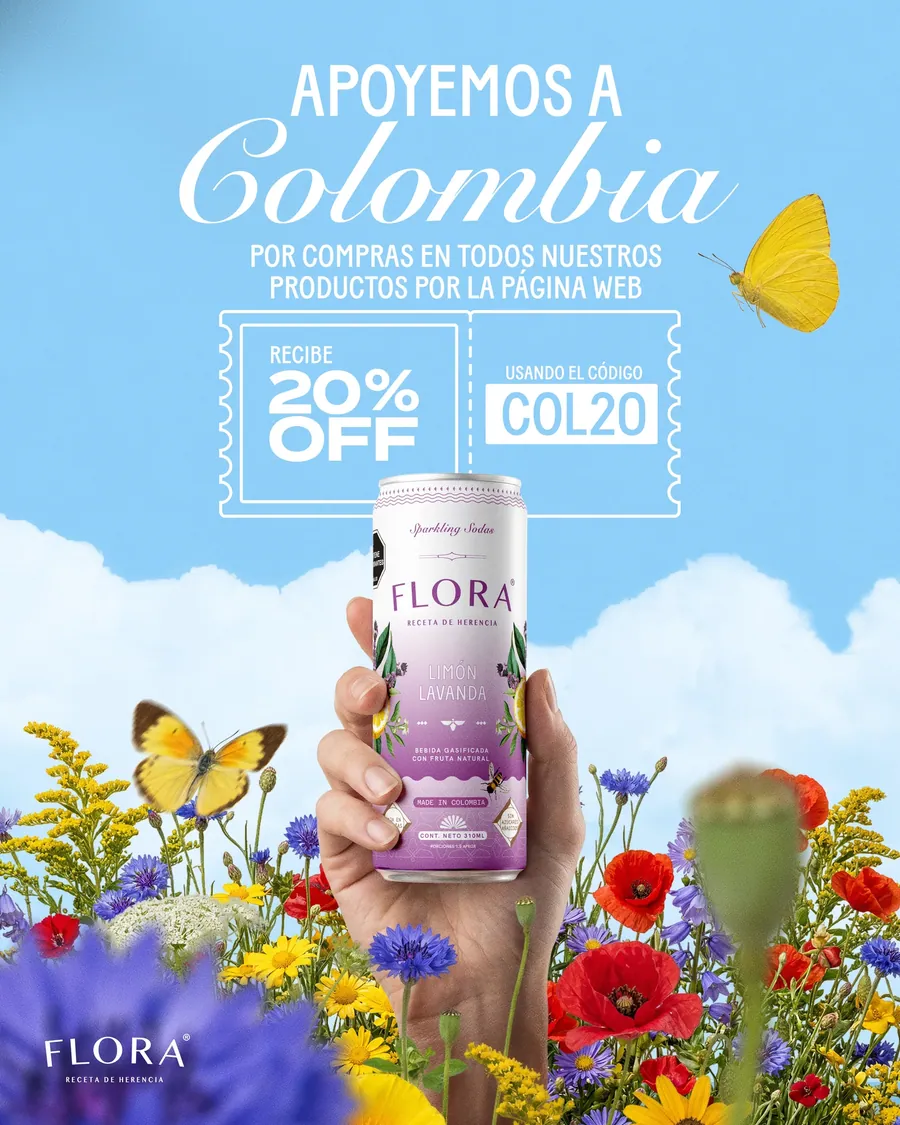Pieza para redes «Apoyemos a Colombia»: una mano sostiene una lata de Flora entre flores silvestres, con 20 % de descuento y el código COL20