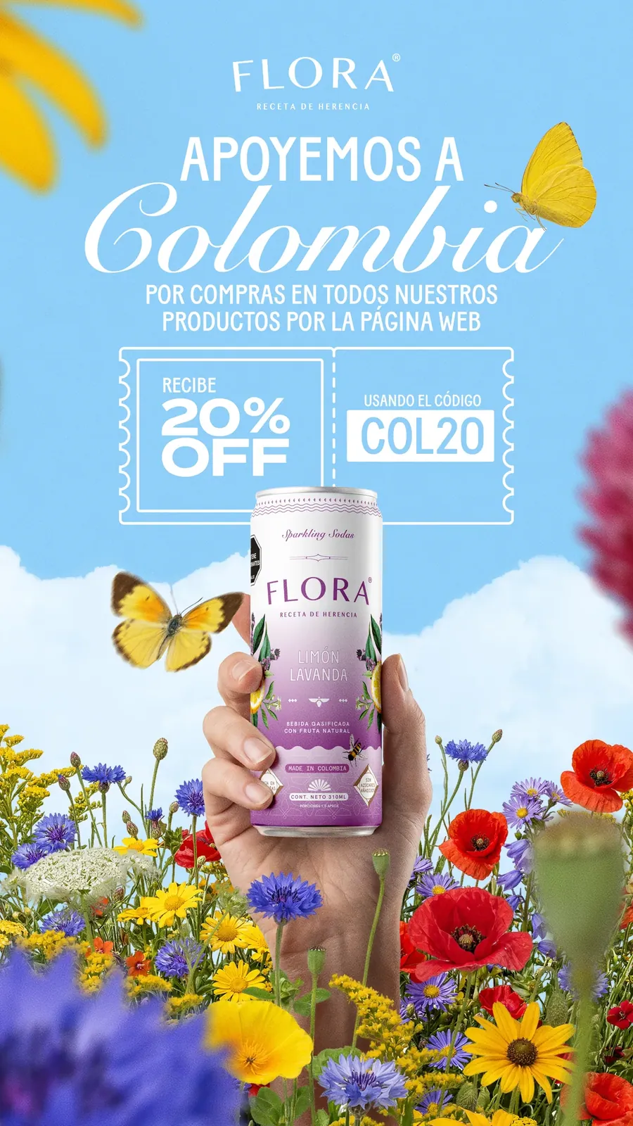 Versión vertical de la pieza «Apoyemos a Colombia» con mariposas y flores
