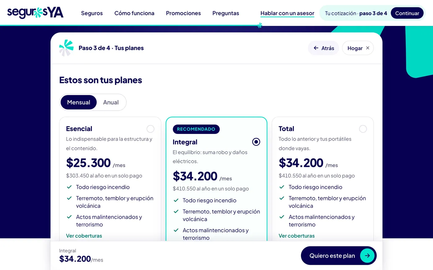 Cotizador: planes con precio mensual antes de pedir datos
