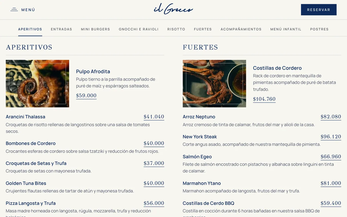 Carta digital con fotos enmarcadas y precios subrayados