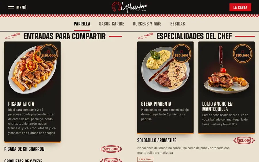 Carta digital en tarjetas de carbón con el precio como sello