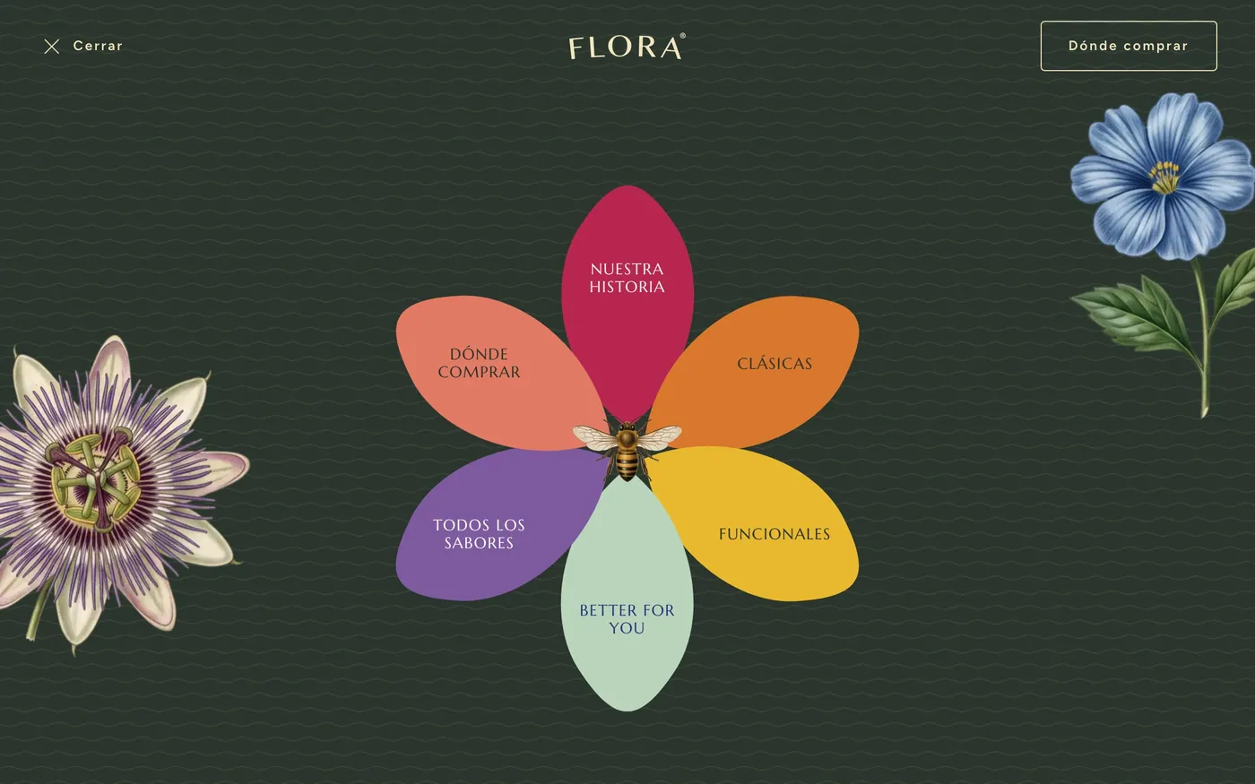 Menú en forma de flor, con un pétalo por sección