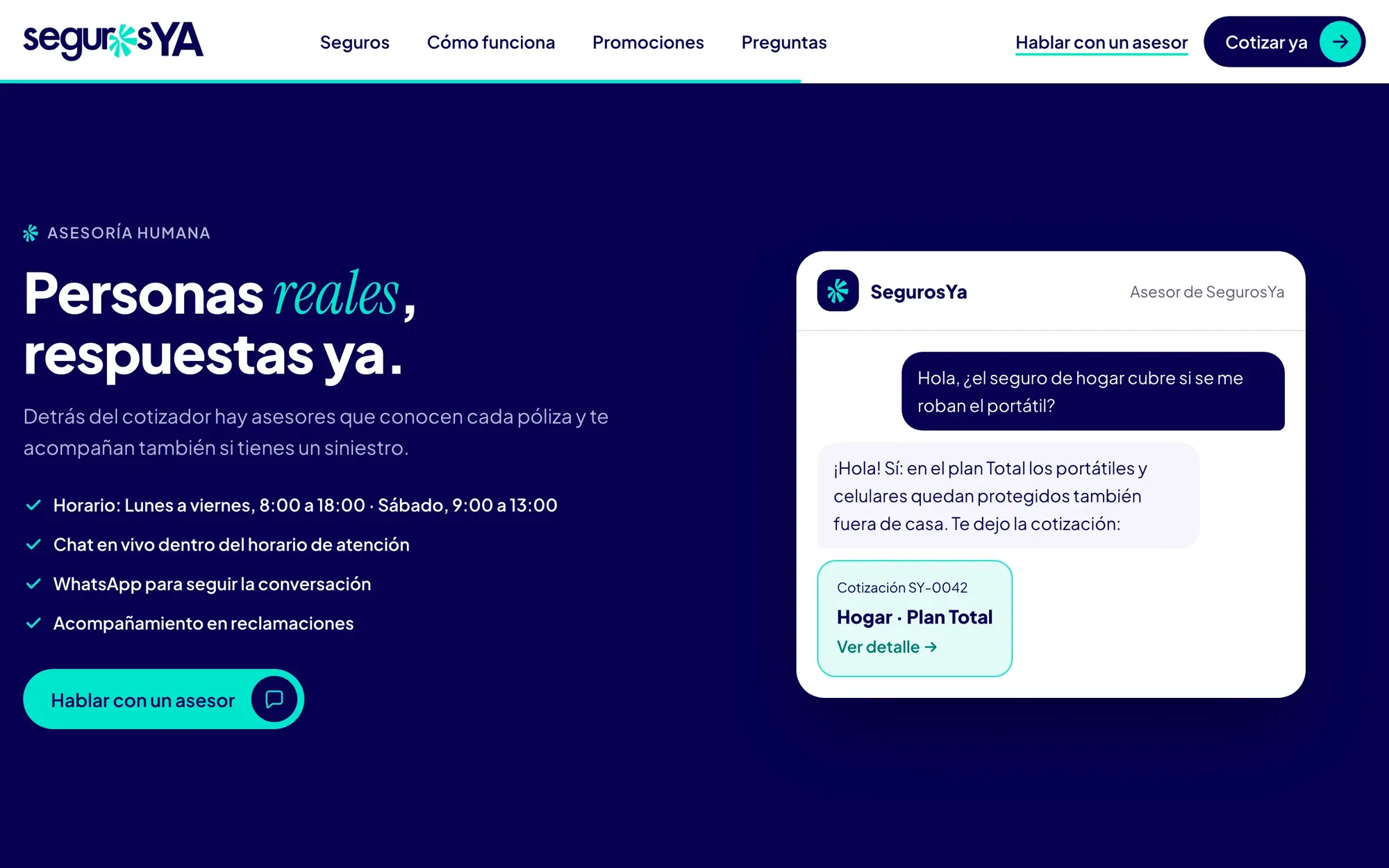 Asesoría humana: chat con un asesor y la cotización adjunta